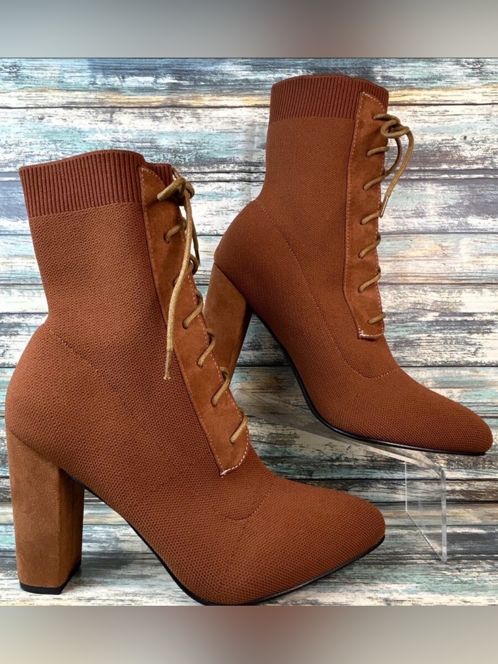 CUCCOO Sock Bootie Womens 10 Brown Knit Lace Up Pointed Toe Block Heel Dress